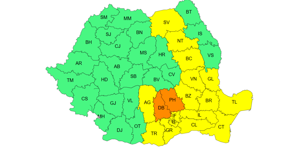 ANM a emis cod portocaliu de ploi torențiale și cod galben de grindină și vijelii. Care sunt zonele vizate