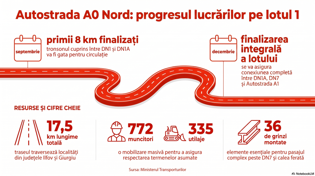 Ce se întâmplă pe șantierul lotului 1 al Autostrăzii A0 Nord: primii 8 km vor fi gata în toamnă, iar restul până la sfârșitul anului