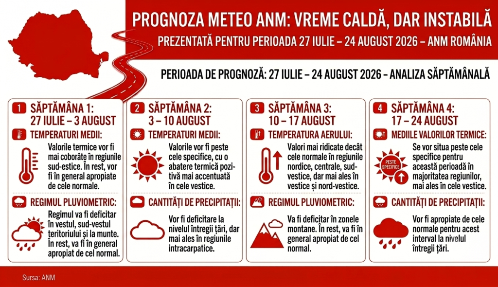 Vremea se încălzește, dar nu scăpăm de ploi și vijelii. Prognoza meteo ANM pentru perioada 27 iulie - 23 august 2026