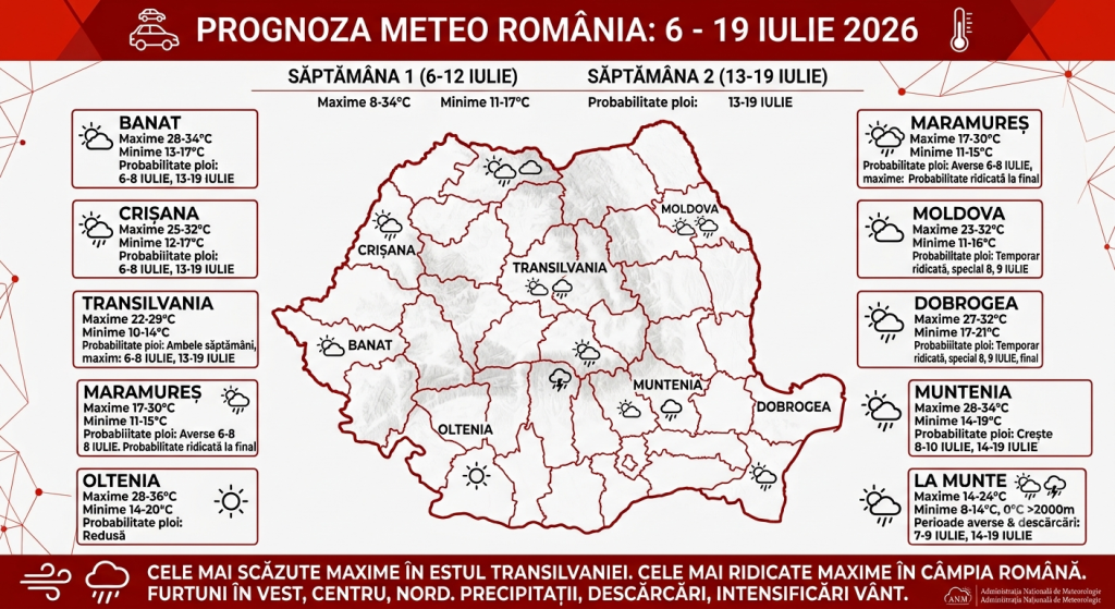 Prognoza meteo pentru următoarele 2 săptămâni anunță furtuni în mai multe zone: cum va fi vremea în perioada 6–19 iulie 2026