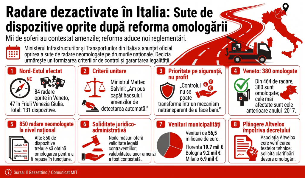 Peste 130 de radare dezactivate după ce alte 850 au fost oprite pe șoselele din toată Italia. Mii de șoferi au contestat amenzile