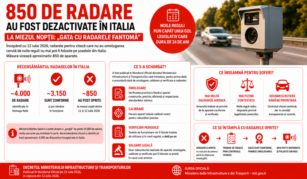 850 de radare au fost dezactivate în același timp, la miezul nopții, pe șoselele din întreaga Italie: „Gata cu radarele fantomă”