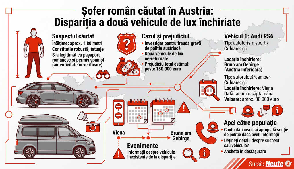 Un șofer român a închiriat un Audi RS6 și o autorulotă de peste 180.000 de euro, a dispărut cu ele și acum e căutat în toată Austria