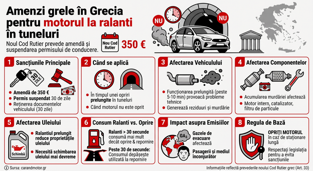 Amendă de 350 de euro și 30 de zile fără permis pentru șoferii care își lasă mașinile la ralanti dacă staționează în tunelurile din Grecia