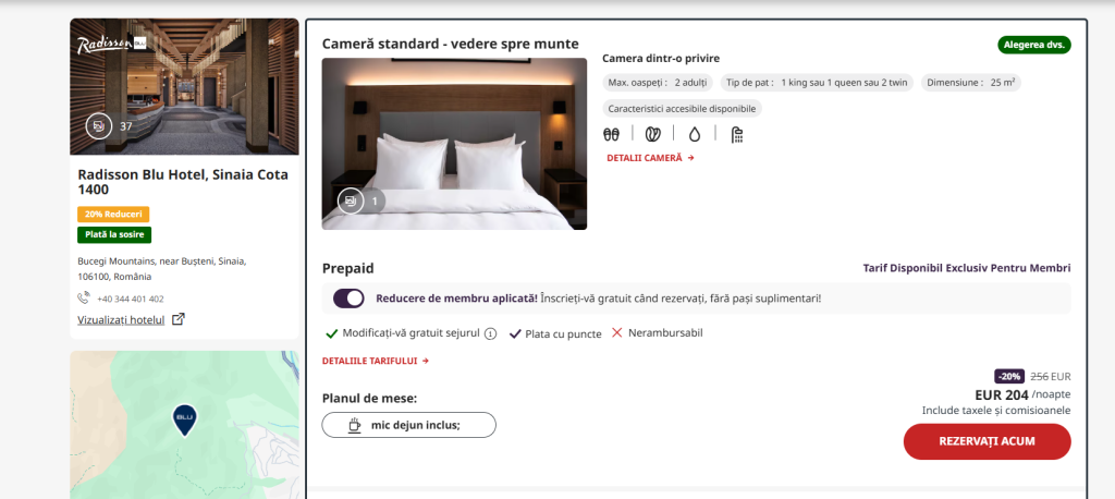 Pagina de rezervari a site-ului Radisson Blue