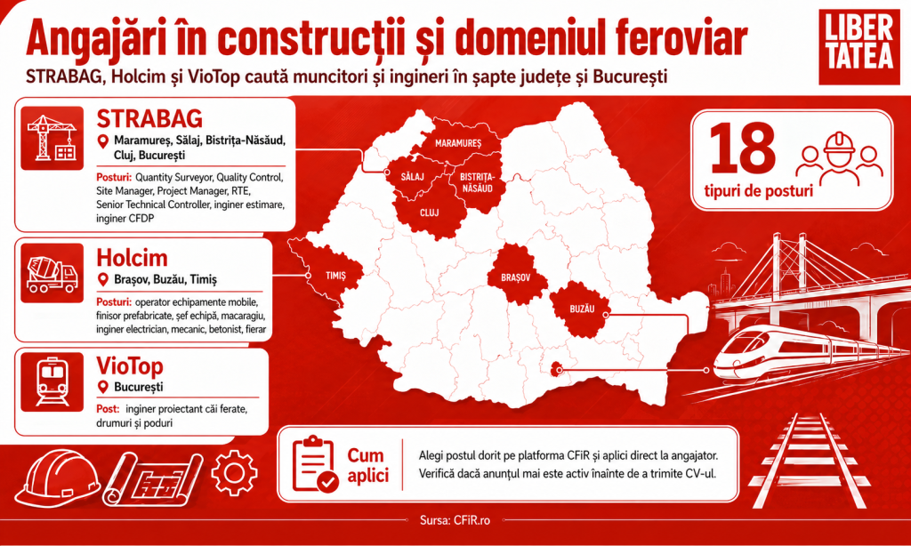 Trei firme gigant angajează în România muncitori calificați și ingineri în construcții și domeniul feroviar. Care sunt zonele în care se caută specialiști