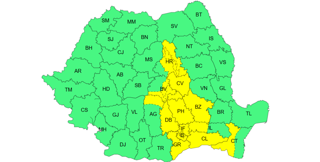 Cod galben de ploi torențiale, vânt puternic, descărcări electrice și grindină în 12 județe. Harta zonelor vizate de avertizarea meteo ANM