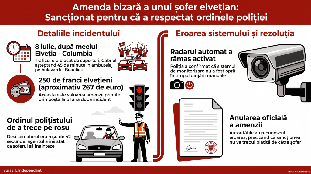 „A insistat să mă mișc”: un șofer a trecut pe roșu la ordinul polițistului și a primit 267 de euro amendă, în Elveția