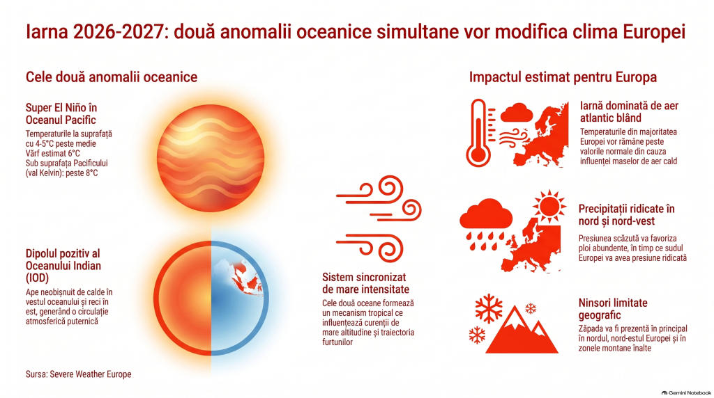Două anomalii oceanice se dezvoltă simultan și pot schimba iarna 2026-2027 în Europa: ce înseamnă un Super El Niño asociat cu IOD pozitiv