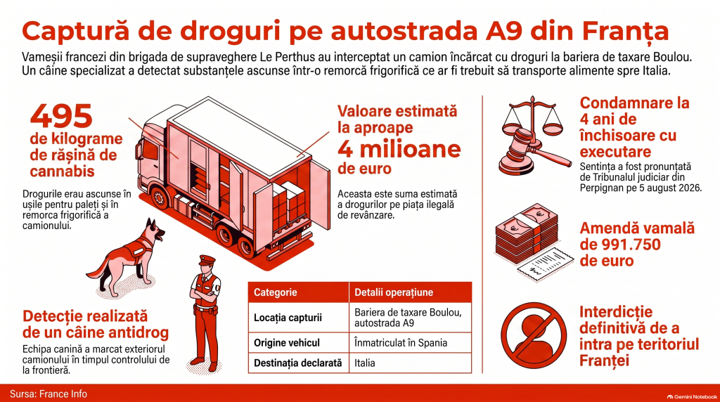 Șofer de TIR, amendat cu aproape 1.000.000 de euro și trimis 4 ani la închisoare după ce câinele vameșilor i-a „marcat” camionul pe autostrada A9, în Franța