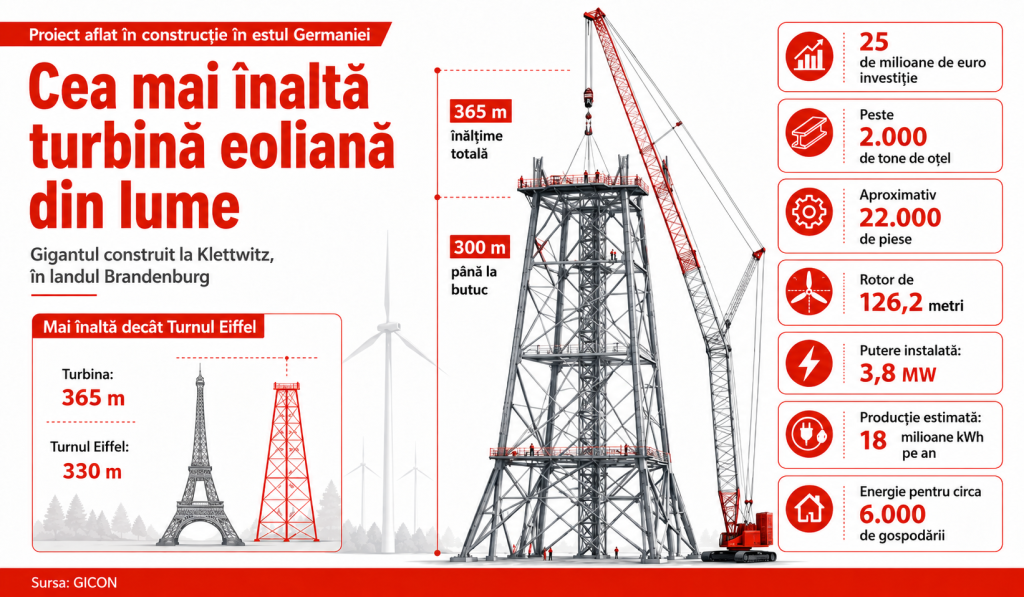 Germanii construiesc cu 25 de milioane de euro cea mai înaltă turbină eoliană din lume, de 365 de metri și 2.000 de tone de oțel, care va depăși Turnul Eiffel