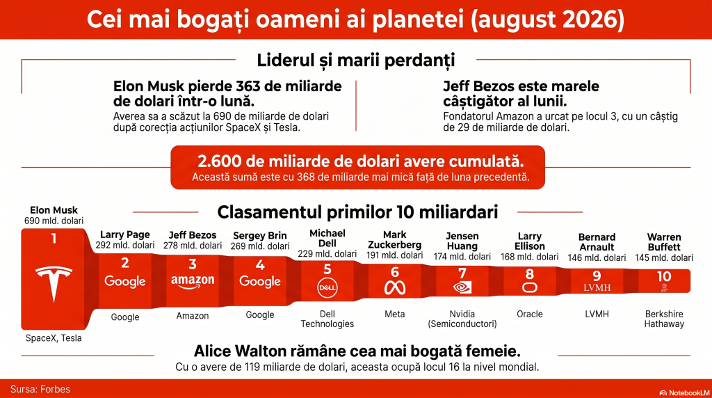 Topul celor mai bogați oameni din lume în august 2026. Elon Musk a pierdut 363 de miliarde de dolari într-o singură lună
