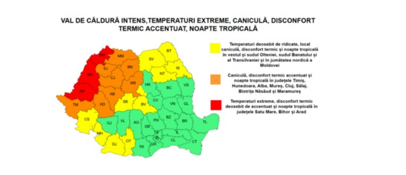 Cod rosu, galben, portocaliu caniculă 2-3 august 2026