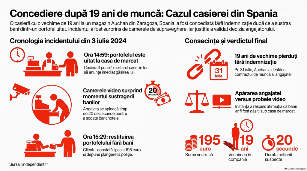 O angajată Auchan, concediată după 19 ani de muncă: a fost filmată când ia banii din portofelul unui client, în Spania