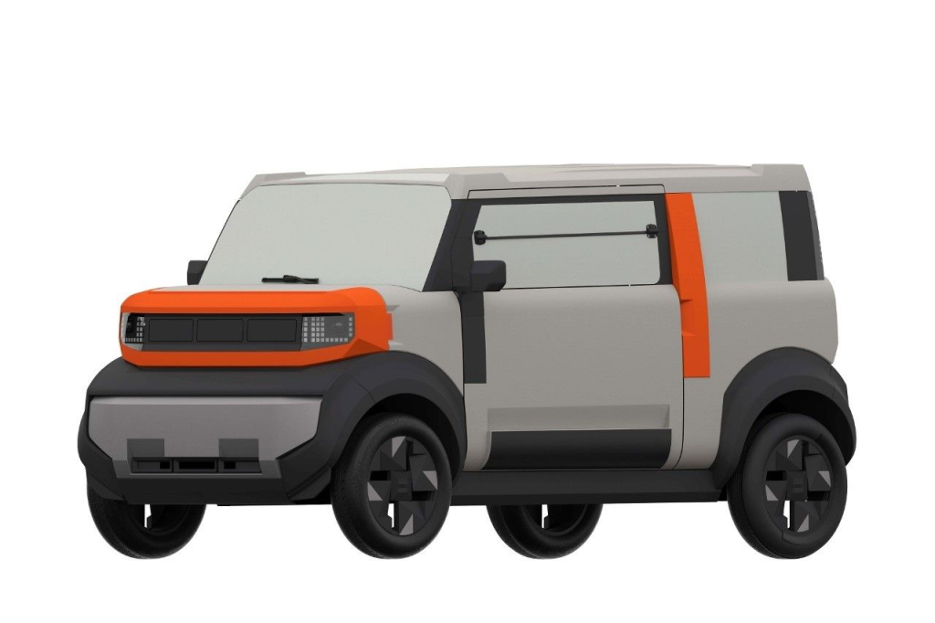 Patent al modelului Dacia Hipster. Imagine digitala cu o masina gri, neagra si portocalie. Fundal alb