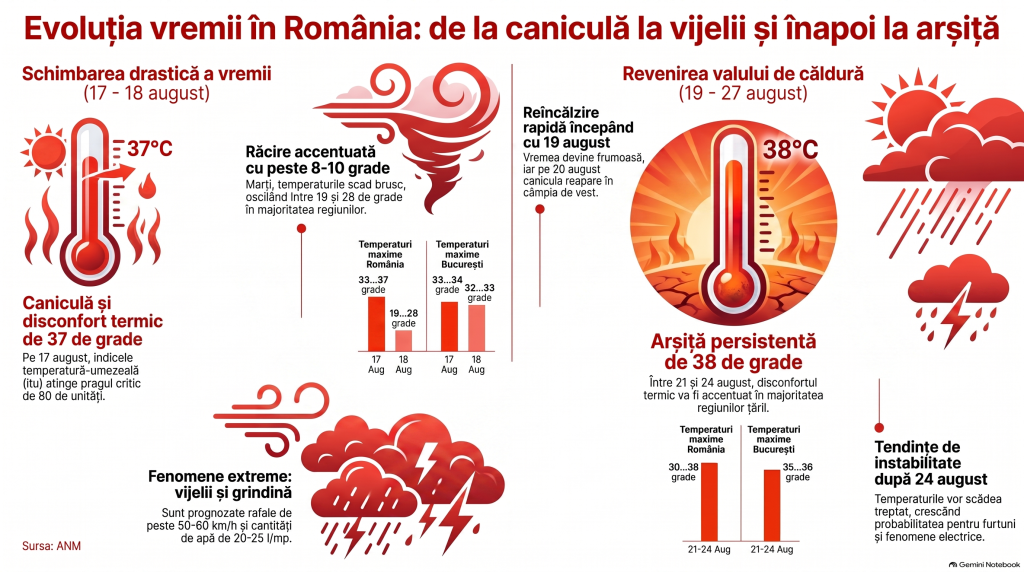 Ploi torențiale și vijelii în România de luni noapte, marți se răcește în toată țara. Spre sfârșitul săptămânii revine căldura extremă