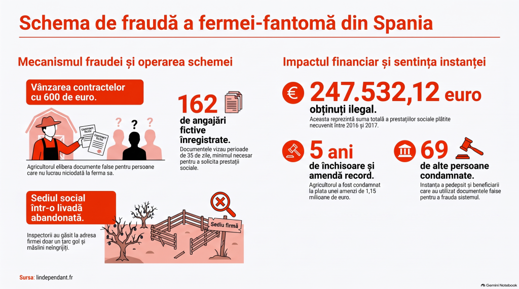 162 de contracte de muncă false vândute cu 600 de euro bucata și 247.000 de euro obținuți ilegal: cum a furat statul un agricultor între 2016 și 2017, în Spania