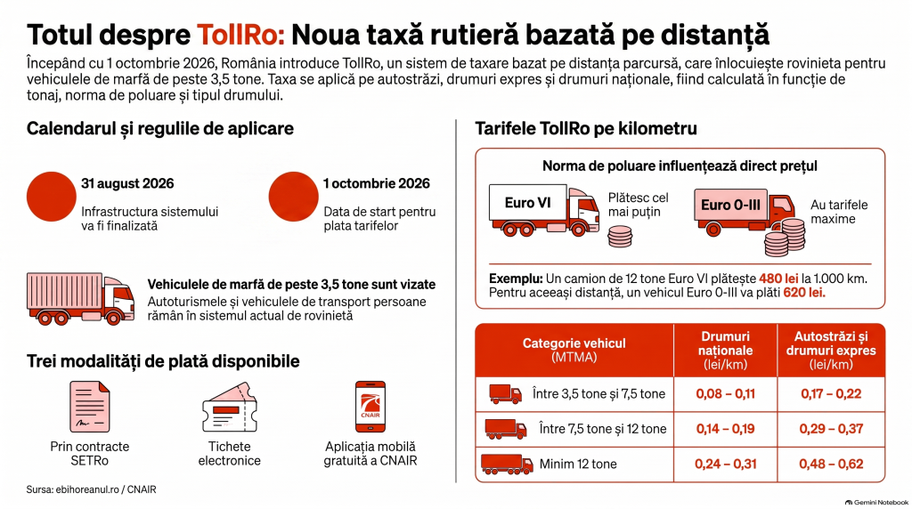 Reguli noi de taxare pentru camioane, în România, de la 1 octombrie 2026. Cât va costa TollRo în funcție de kilometri și tonaj