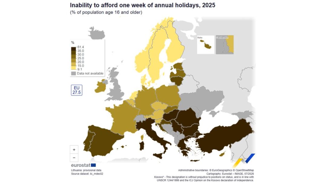 România, țara europeană cu cei mai mulți cetățeni care nu-și permit vacanțe: Află statisticile alarmante! 1 Harta țărilor din Europa unde cetățenii își permit sau nu își permit o vacanță de o săptămână