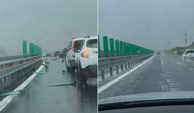 Furtuna a smuls panourile antiorbire și le-a aruncat pe carosabil pe autostrada A1 Pitești – Curtea de Argeș