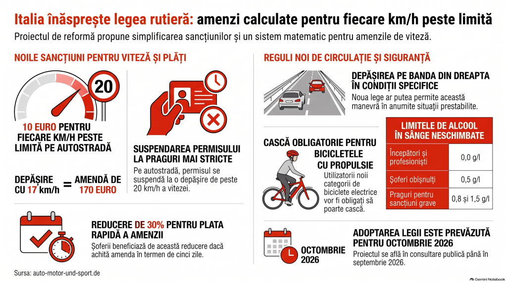 Amenzi calculate pentru fiecare km/h peste limita de viteză: Italia pregătește un nou Cod Rutier, ce trebuie să știe șoferii străini