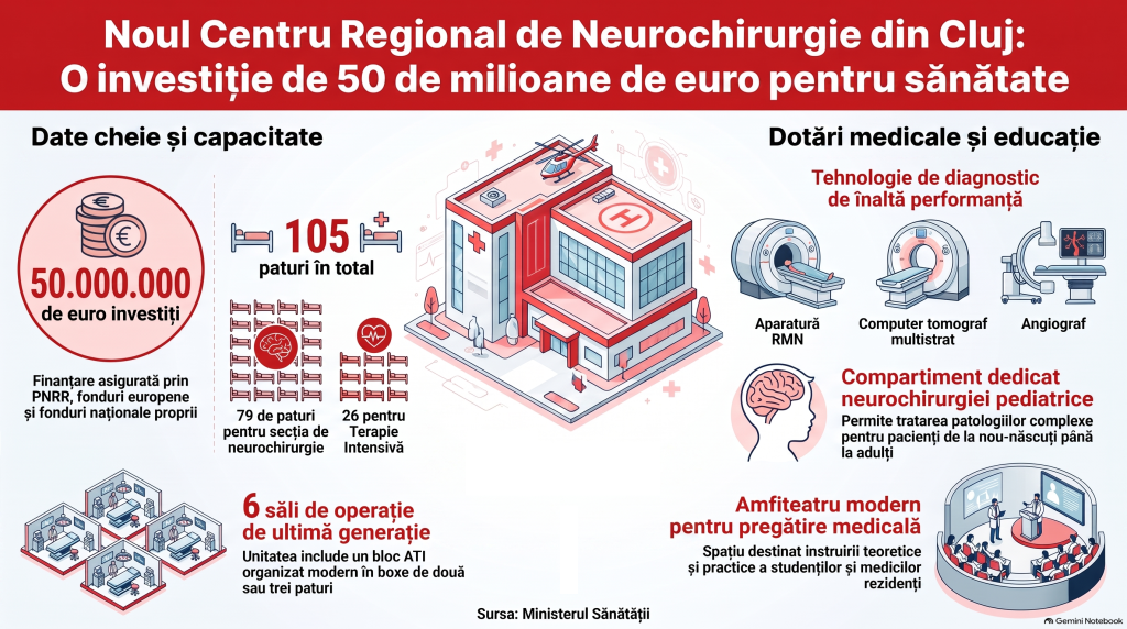 Investiție de 50.000.000 de euro la Cluj: Noul Centru de Neurochirurgie și Patologie Vasculo-Cerebrală este gata. Ce dotări are spitalul