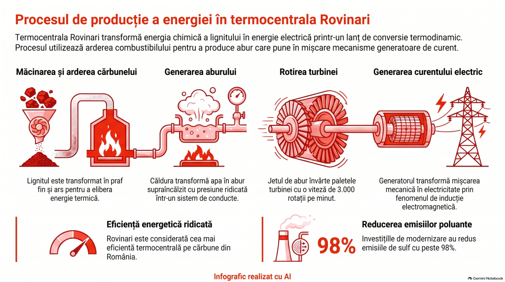 Cum se obține energie electrică din cărbune – cum funcționează o termocentrală de tipul celei de la Rovinari - Infografic care prezintă etapele producerii de energie electrică din cărbune