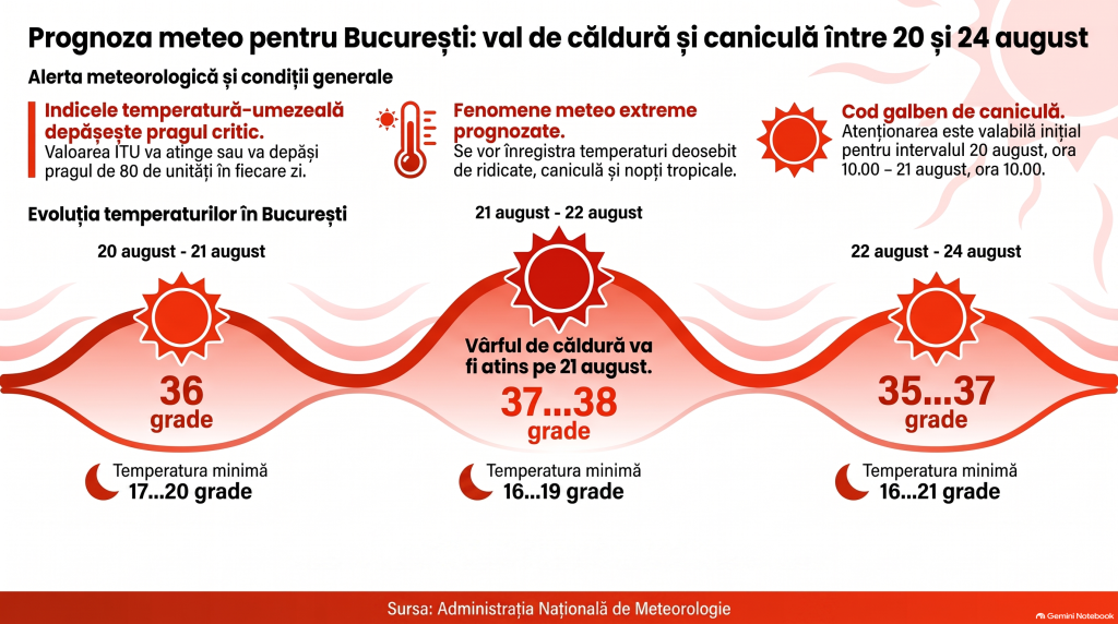 Val de căldură în București în intervalul 20-24 august 2026. ANM anunță că temperaturile urcă până la 38 de grade Celsius