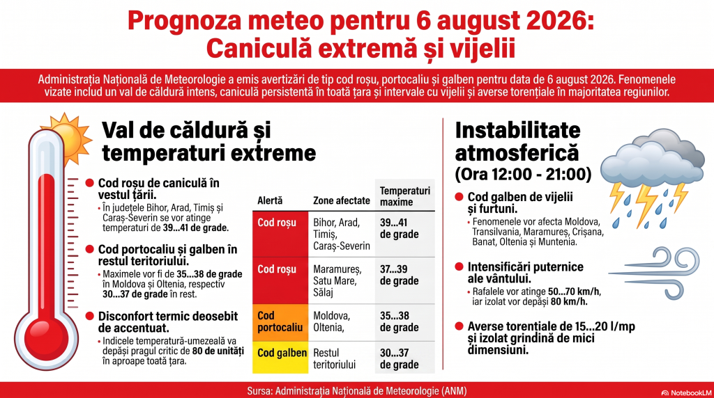 Vremea de maine, 6 august 2026. Șapte județe, sub cod roșu de caniculă și alte 31, sub cod galben de vijelii și ploi torențiale