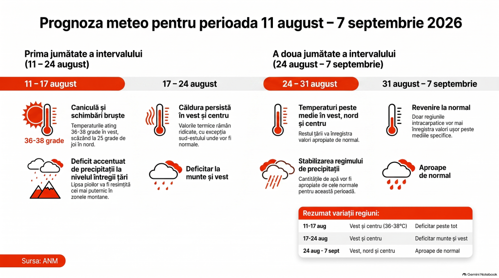 De miercuri revin ploile, iar de joi se răcește în mai multe zone. ANM a actualizat prognoza meteo pentru perioada 11 august - 7 septembrie 2026