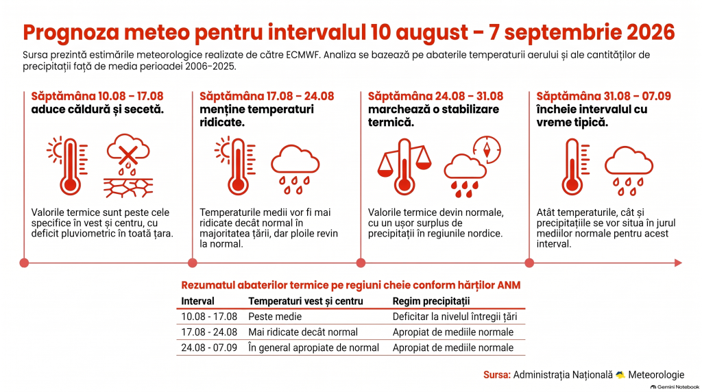Cum va fi vremea în următoarele patru săptămâni în România. Meteorologii anunță temperaturi peste normalul perioadei până în septembrie