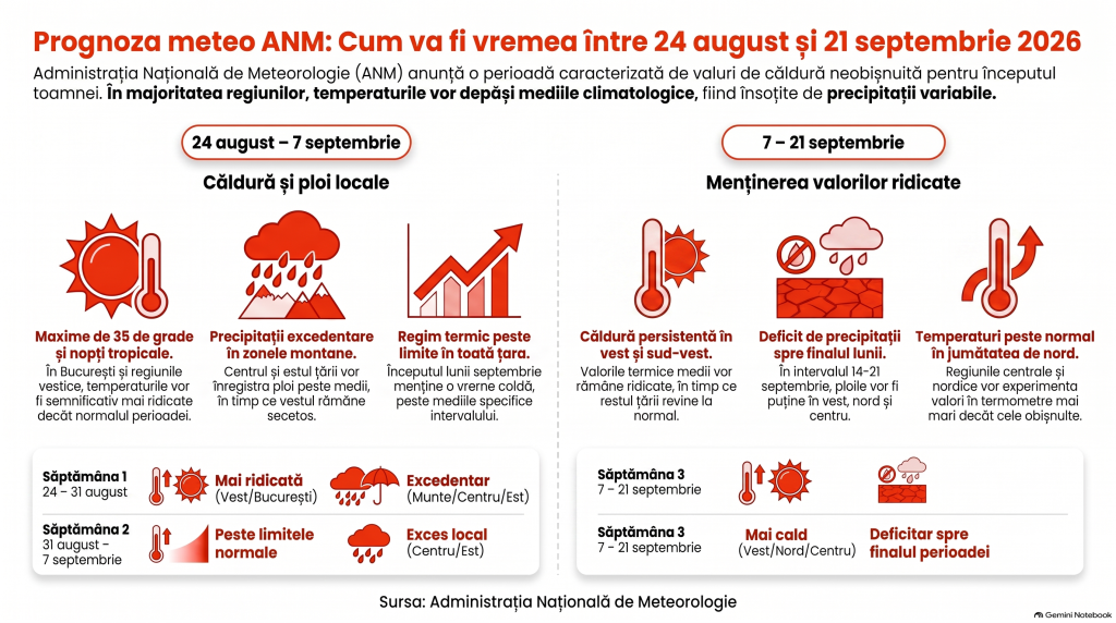 Valuri de căldură neobișnuită și ploi torențiale în unele zone, la început de toamnă. Prognoza meteo ANM pentru perioada 24 august – 20 septembrie