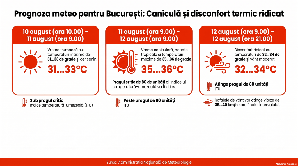 Cum va fi vremea în București în perioada 10-12 august 2026. ANM anunță temperaturi de până la 36 de grade Celsius