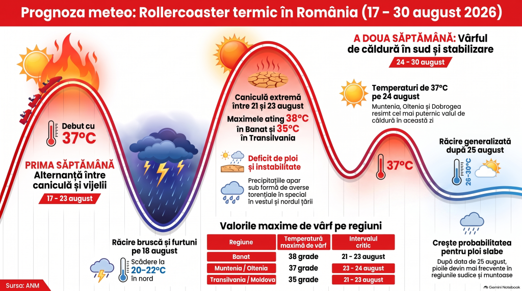 Căldura extremă revine în România spre finalul săptămânii. Prognoza meteo ANM pentru perioada 17-30 august 2026