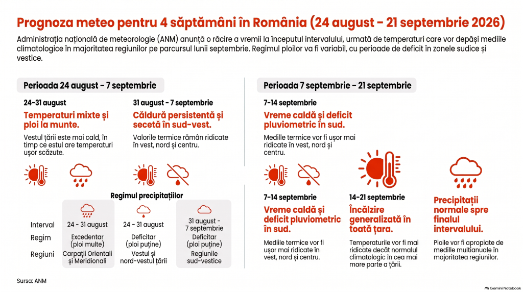 Scad temperaturile și revin ploile în unele zone, la început de săptămână. Prognoza meteo ANM pentru perioada 24 august-21 septembrie 2026
