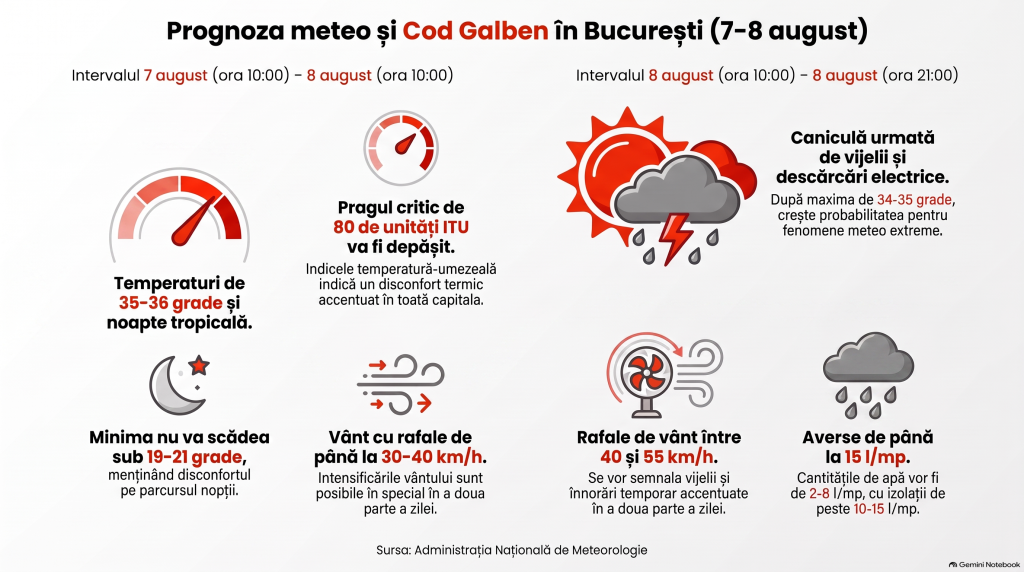 Cod galben de caniculă în București în intervalul 7-8 august 2026: temperaturile ajung până la 36 de grade Celsius