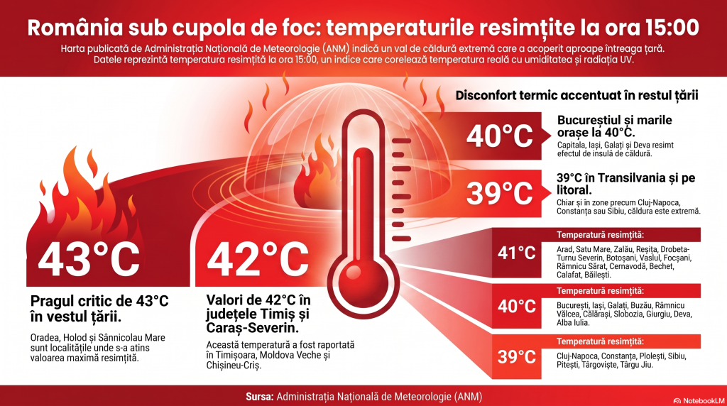 43 de grade Celsius, temperatura maximă resimțită, la Oradea: harta României, „înroșită” de caniculă
