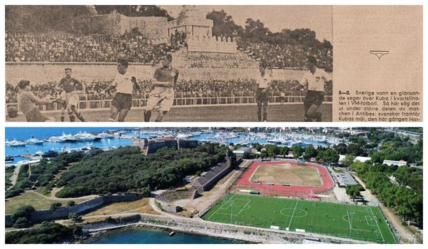 Cel mai mic stadion pe care s-a jucat un meci la Cupa Mondială de fotbal. La Antibes, unde Suedia a distrus Cuba, în 1938, după ce formația din Caraibe umilise România: „Portarul titular s-a dus să comenteze la radio”
