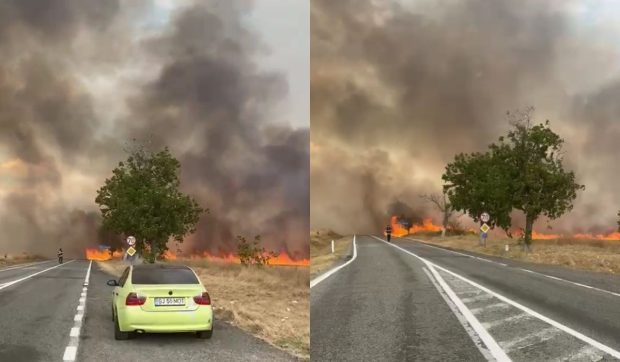 Incendiu puternic paralizează traficul pe DN 67 între Horezu și Târgu Jiu