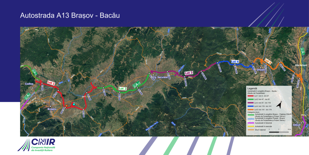 Harta finală a Autostrăzii A13 Brașov-Bacău: Cum au fost împărțiți cei 174 de kilometri în cinci loturi
