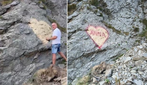 Un turist a vandalizat o stâncă de pe Transfăgărășan cu o declarație de dragoste pentru „Anna”. Salvamont și internauții au reacționat dur: „Anna, ține-ți prostul acasă!” | VIDEO