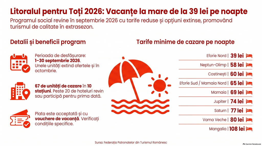 Litoralul pentru Toți 2026: Nopți de cazare de la 39 de lei în septembrie și octombrie. Ce stațiuni sunt înscrise