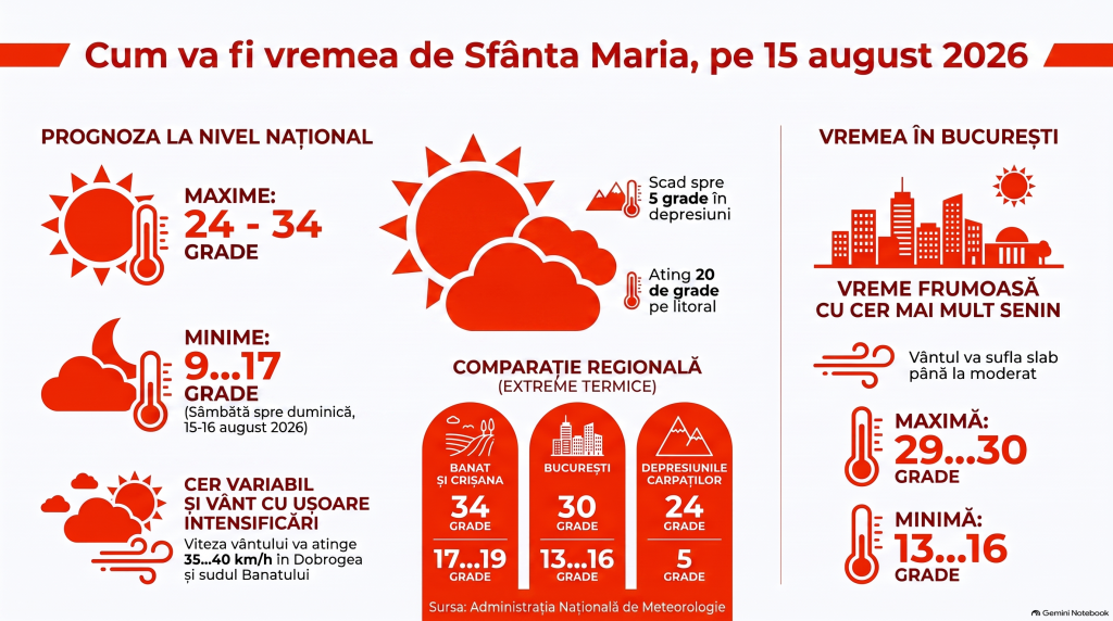 Cum va fi vremea de Sfânta Maria, în România. Temperaturile ajung până la 34 de grade Celsius pe 15 august 2026