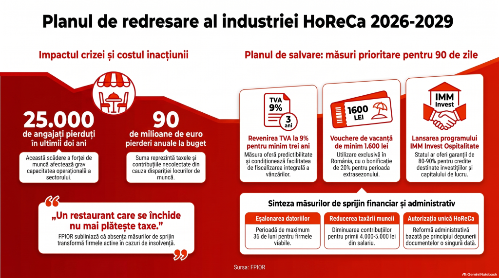 Industria HoReCa a pierdut 25.000 de angajați în ultimii doi ani. FPIOR cere reducerea TVA, vouchere de vacanță și facilități fiscale pentru a salva restaurantele și hotelurile