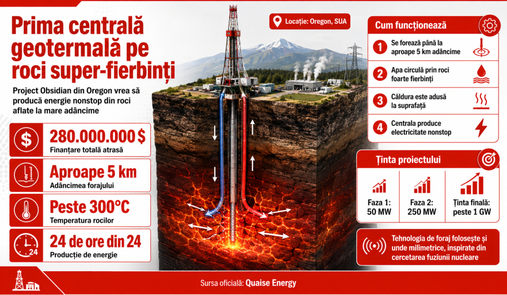Inginerii au primit 280 de milioane de dolari pentru prima centrală geotermală care va exploata roci de peste 300°C, la aproape 5 km adâncime, pentru a produce energie nonstop, în SUA