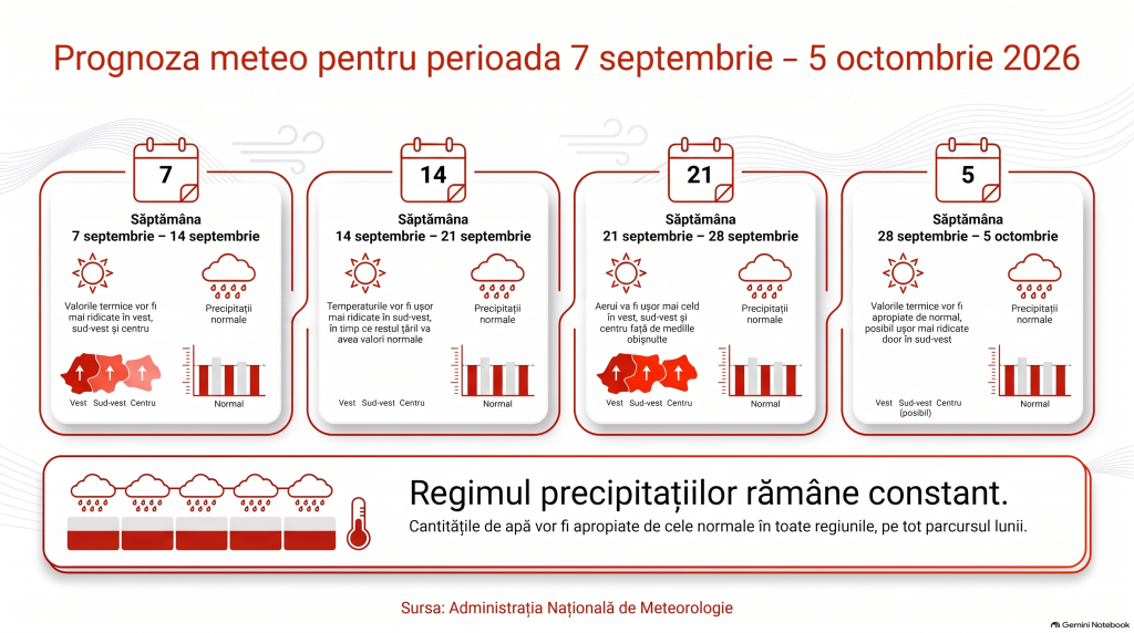 Cum va fi vremea în perioada 7 septembrie-5 octombrie 2026, în România. ANM a anunțat unde va fi mai cald